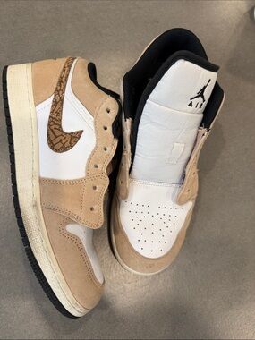 Nike Air Jordan 1 Low Men's Sneakers - White, Tan & Brown Swoosh